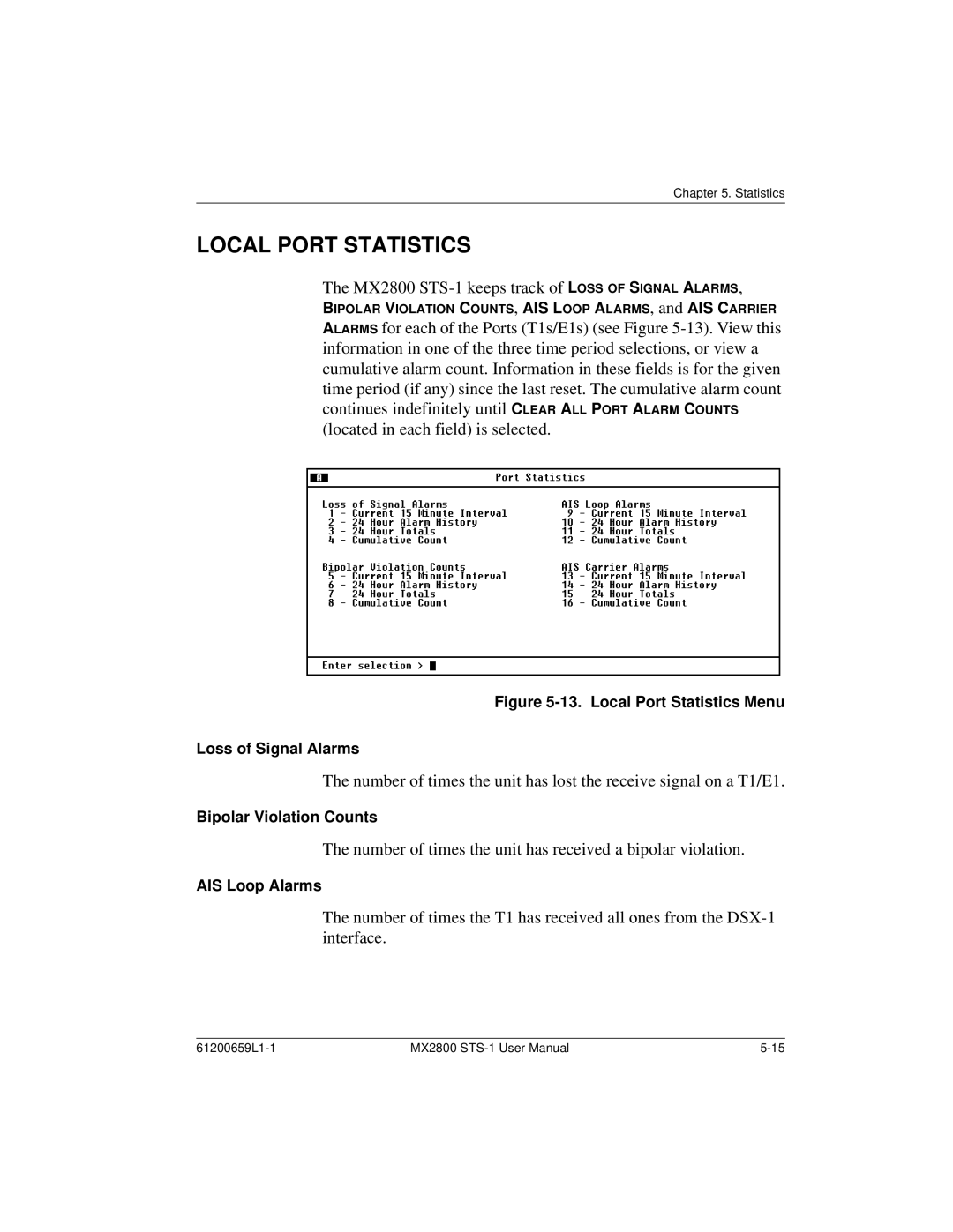 ADTRAN 1200657L2, 4200659L1, 4175043L2, 4200659L5, 4200659L8 Local Port Statistics, Bipolar Violation Counts, AIS Loop Alarms 