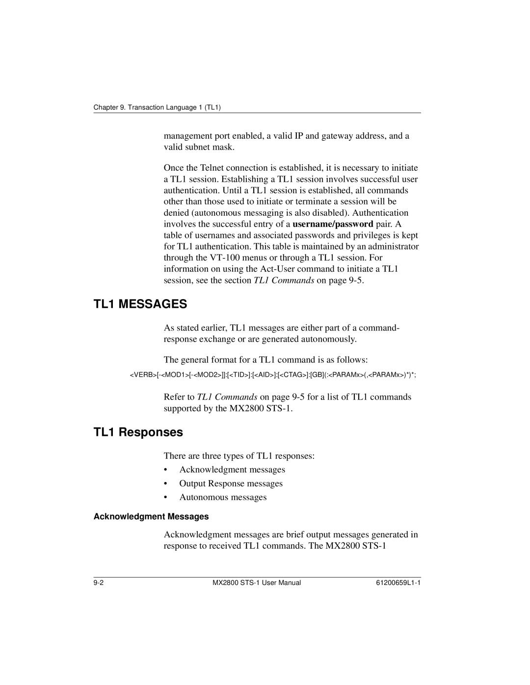 ADTRAN 4200659L2, 4200659L1, 4175043L2, 4200659L5, 4200659L8, 4200659L7 TL1 Messages, TL1 Responses, Acknowledgment Messages 