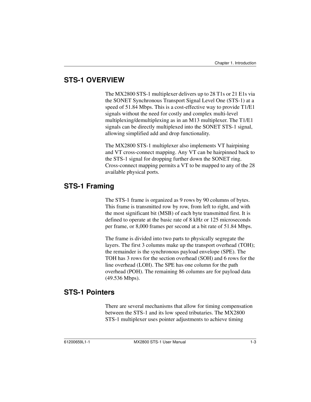 ADTRAN 4175043L2, 4200659L1, 4200659L5, 4200659L8, 4200659L2, 4200659L7 STS-1 Overview, STS-1 Framing, STS-1 Pointers 