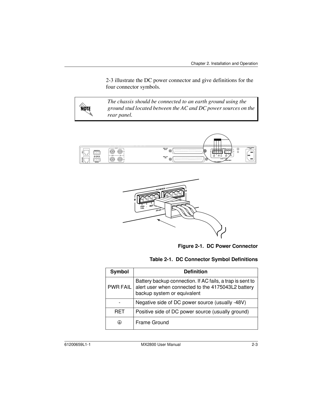 ADTRAN 1200657L2, 4200659L1, 4200659L5 DC Connector Symbol Definitions, Alert user when connected to the 4175043L2 battery 