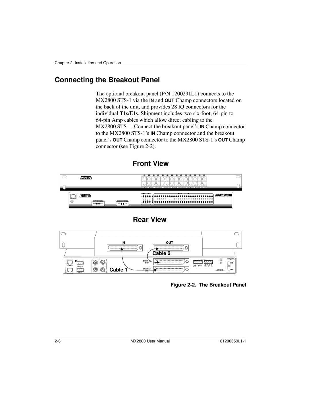 ADTRAN 4200659L1, 4175043L2, 4200659L5, 4200659L8, 4200659L2 Connecting the Breakout Panel, Front View Rear View, Cable 