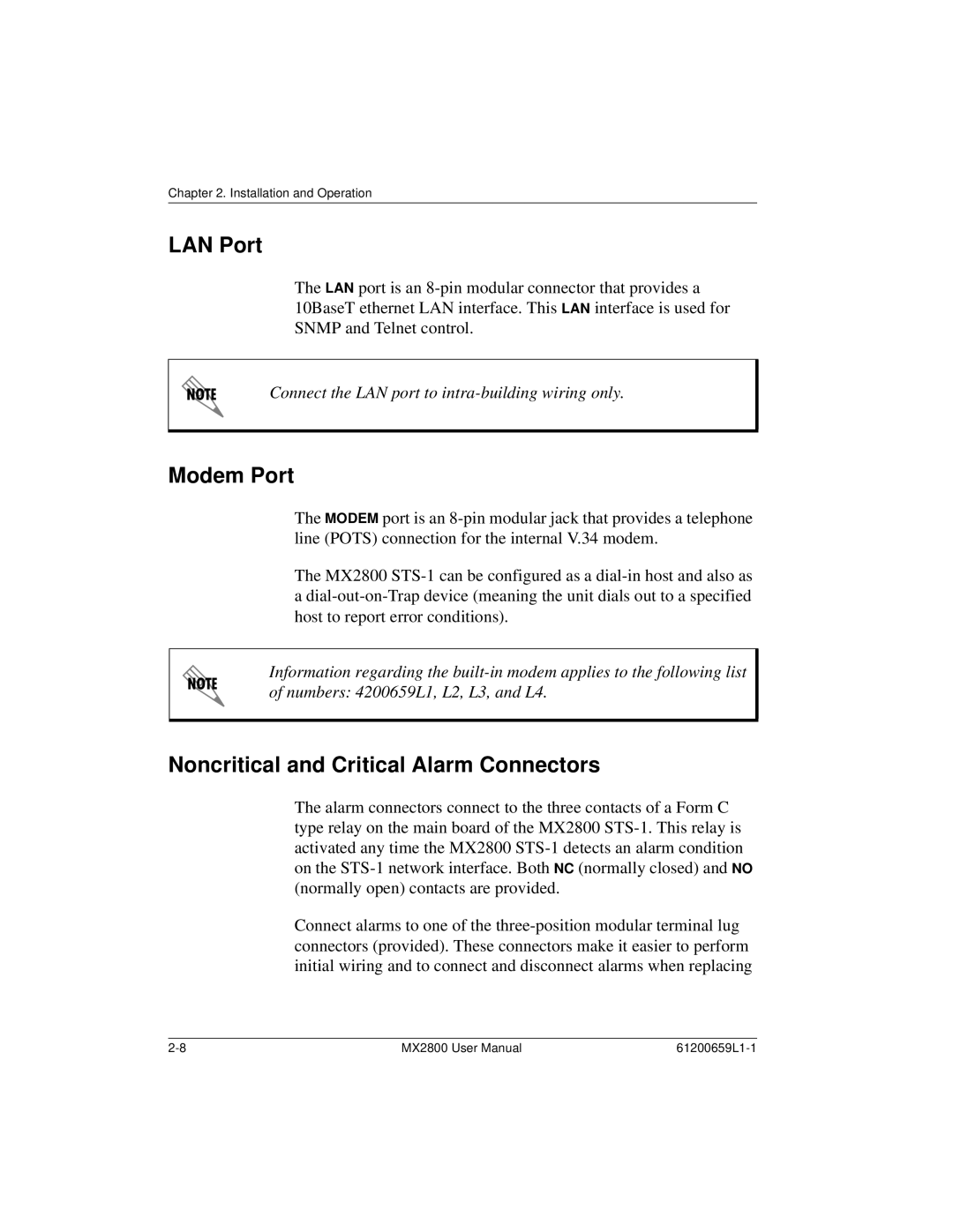 ADTRAN 4200659L5, 4200659L1, 4175043L2, 4200659L8, 4200659L2 LAN Port, Modem Port, Noncritical and Critical Alarm Connectors 