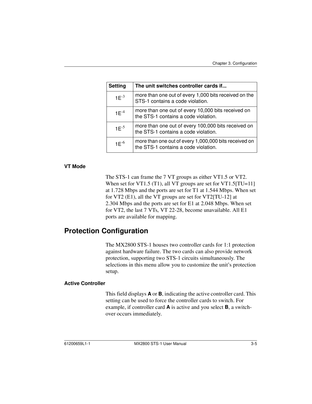 ADTRAN 4200659L8 Protection Configuration, Setting Unit switches controller cards if, VT Mode, Active Controller 