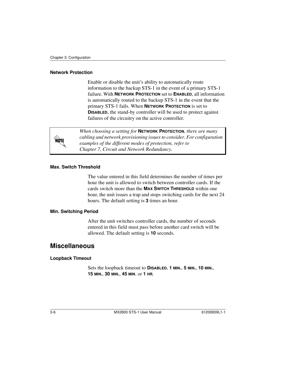 ADTRAN 4200659L2 Miscellaneous, Network Protection, Max. Switch Threshold, Min. Switching Period, Loopback Timeout 