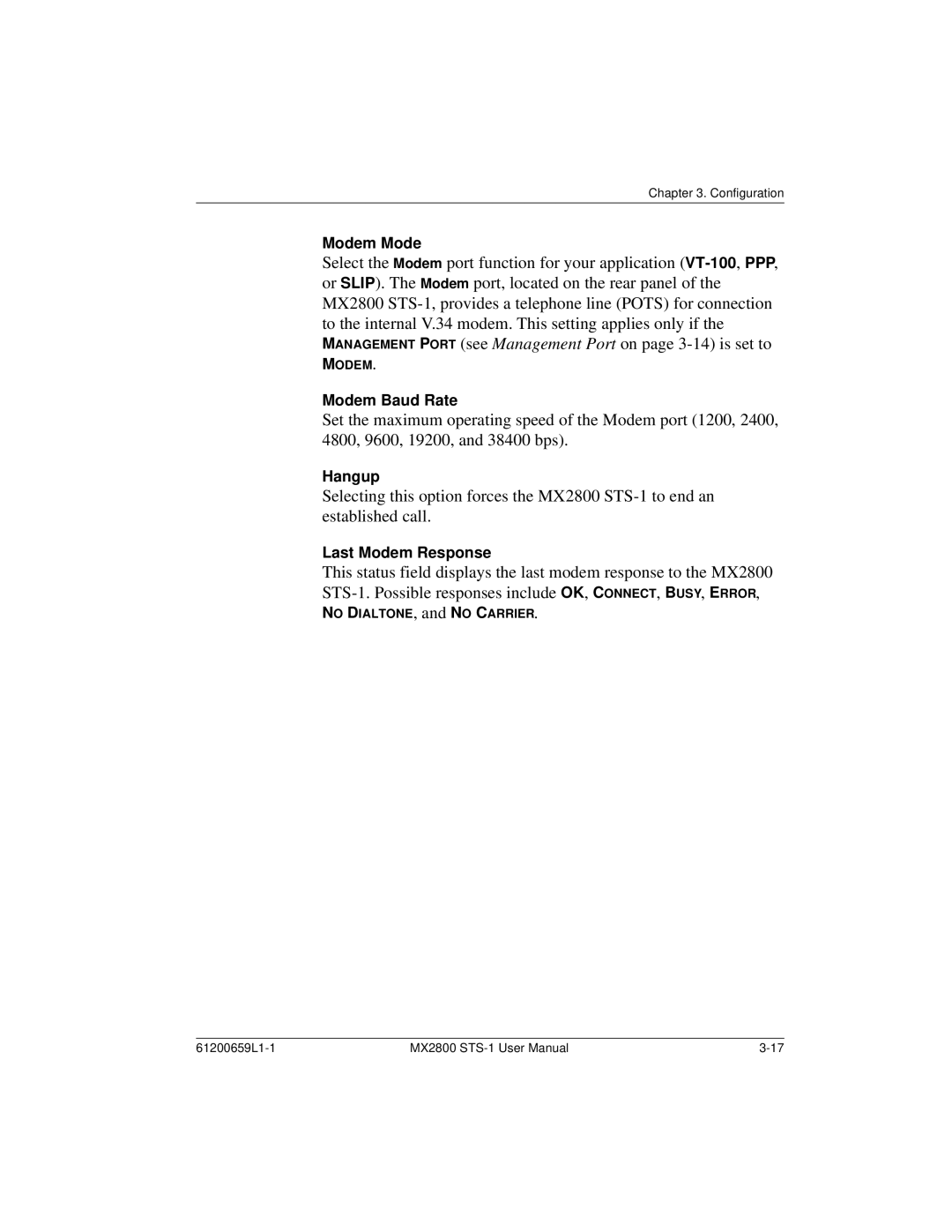 ADTRAN 4200659L8, 4200659L1, 4175043L2, 4200659L5, 4200659L2 Modem Mode, Modem Baud Rate, Hangup, Last Modem Response 