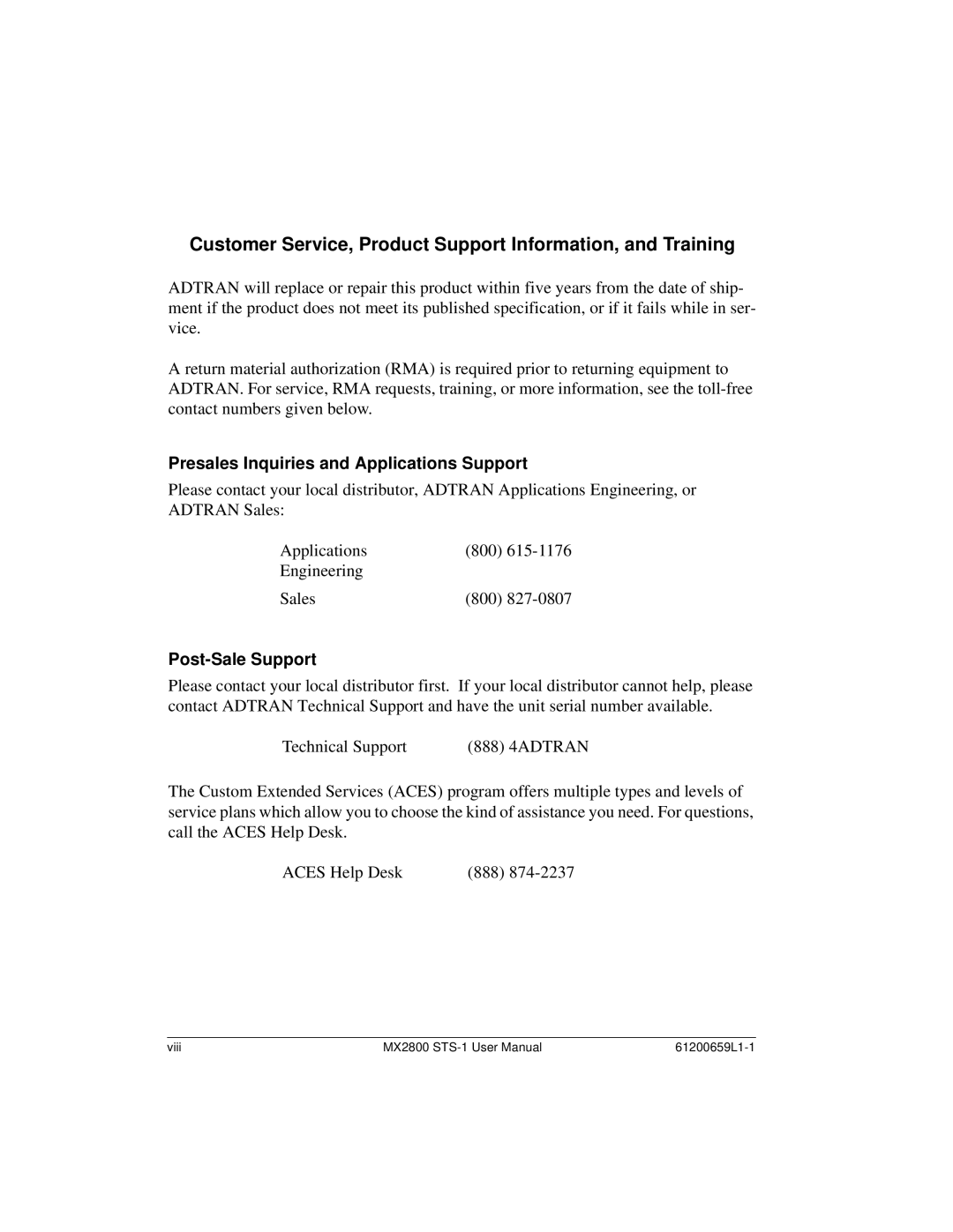 ADTRAN 4200659L4, 4200659L1, 4175043L2, 4200659L5, 4200659L8 Customer Service, Product Support Information, and Training 