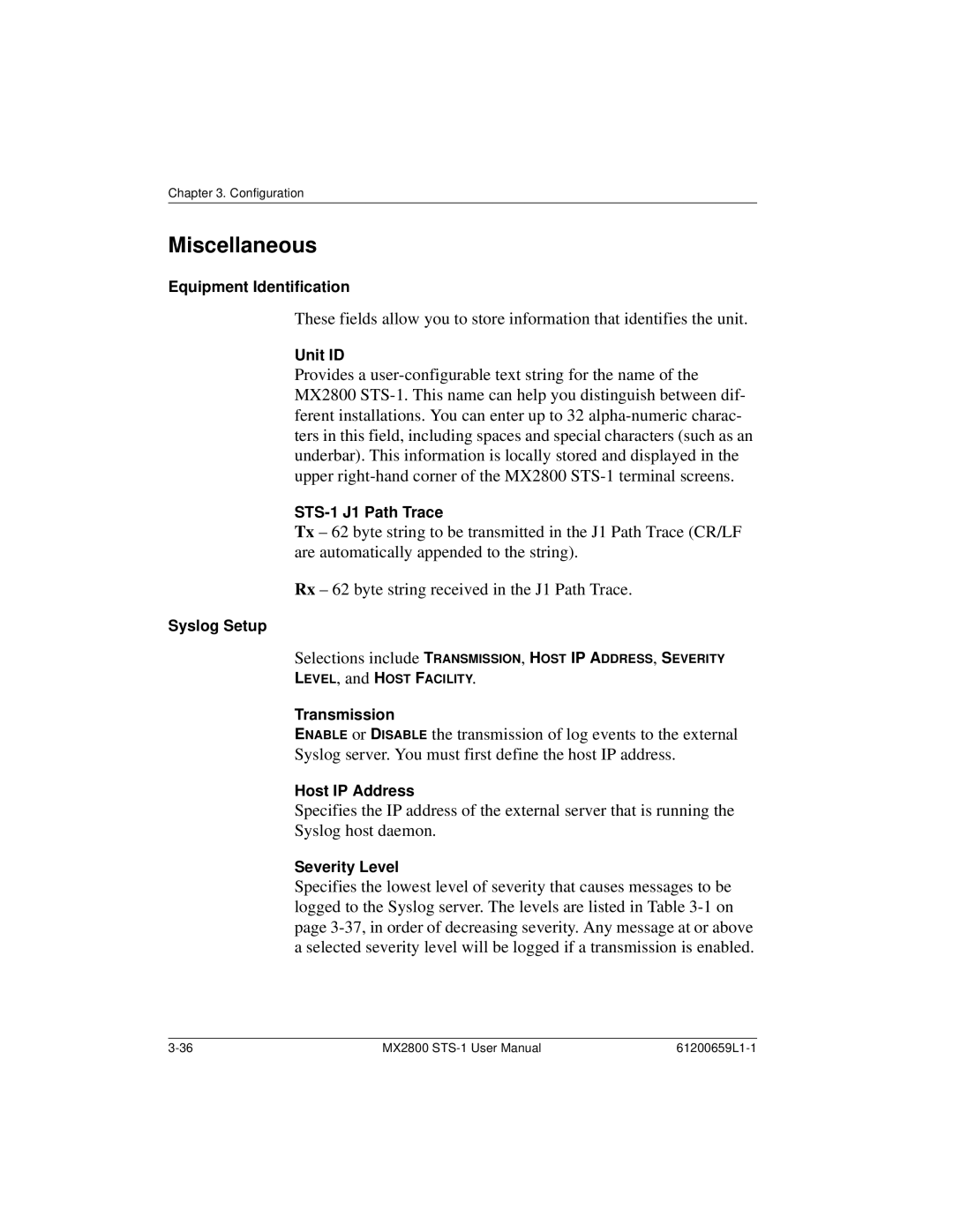 ADTRAN 1200291L1 Equipment Identification, Unit ID, STS-1 J1 Path Trace, Syslog Setup, Transmission, Host IP Address 