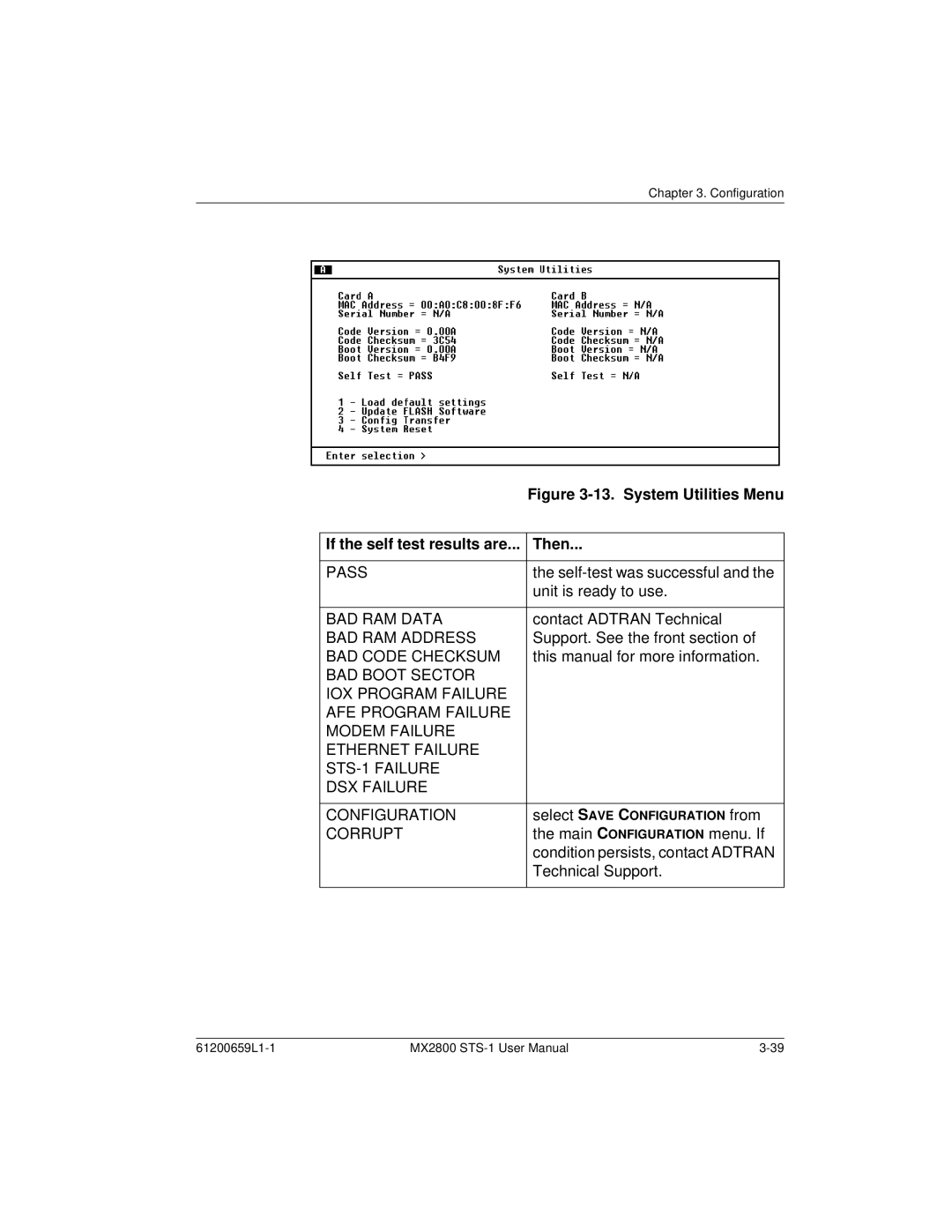 ADTRAN 4175043L2, 4200659L1, 4200659L5, 4200659L8, 4200659L2 System Utilities Menu, If the self test results are Then 