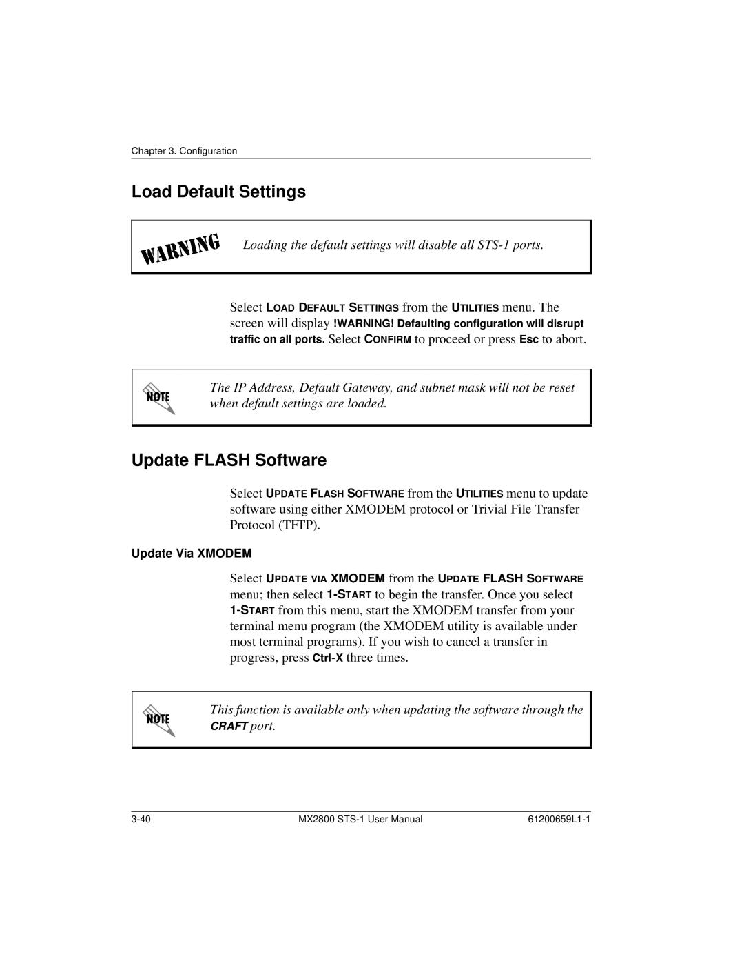 ADTRAN 4200659L5, 4200659L1, 4175043L2, 4200659L8, 4200659L2 Load Default Settings, Update Flash Software, Update Via Xmodem 