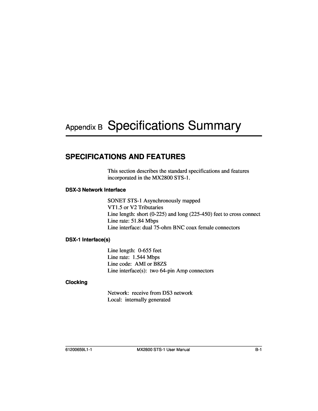 ADTRAN 1200657L2, 4200659L1, 4175043L2, 4200659L5, 4200659L8 Appendix B Specifications Summary, Specifications And Features 