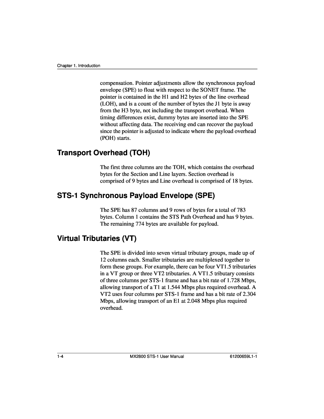 ADTRAN 4200659L5, 4200659L1 Transport Overhead TOH, STS-1 Synchronous Payload Envelope SPE, Virtual Tributaries VT 