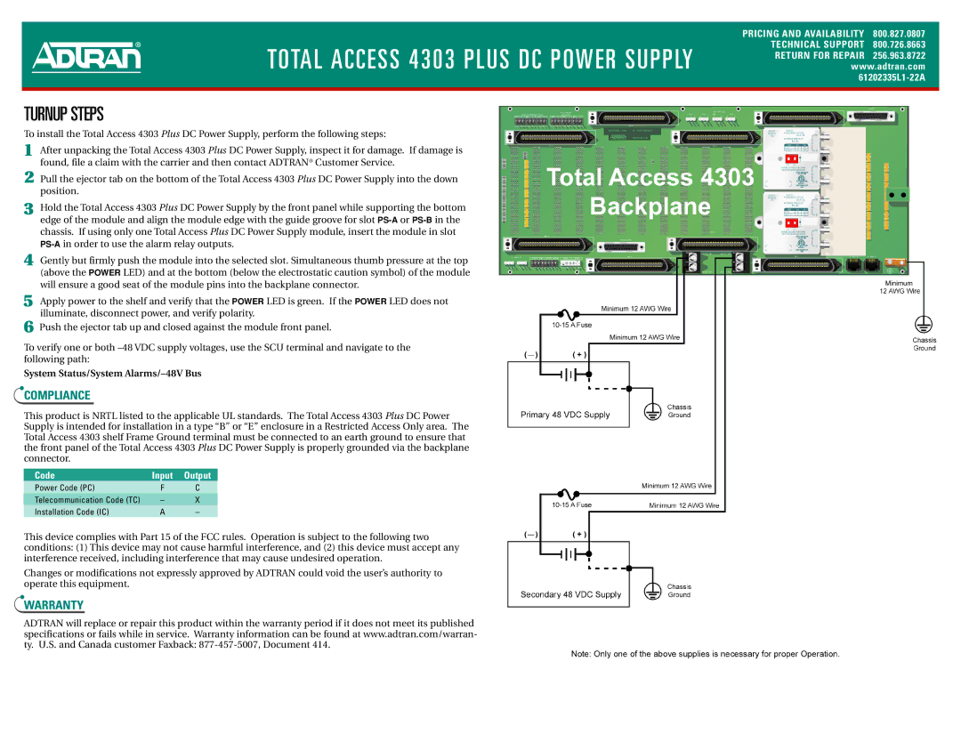 ADTRAN 4303 PLUS specifications Compliance, Warranty 