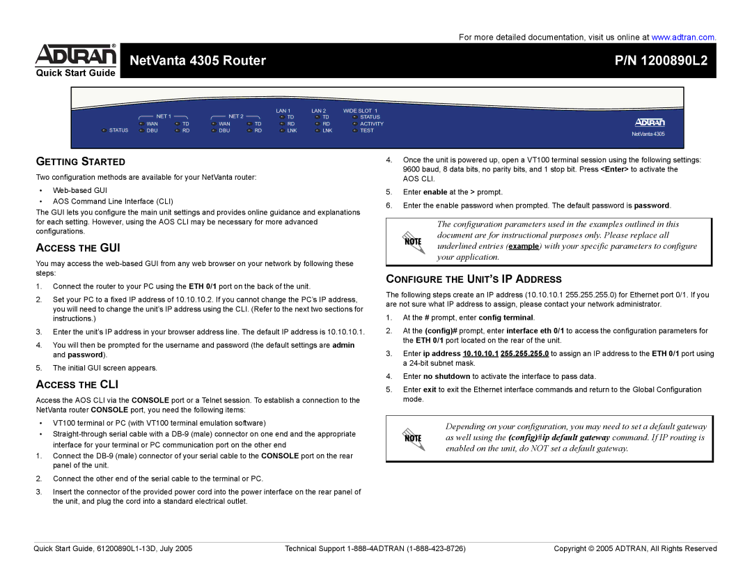 ADTRAN 4305 quick start Getting Started, Access the GUI, Access the CLI, Configure the UNIT’S IP Address 