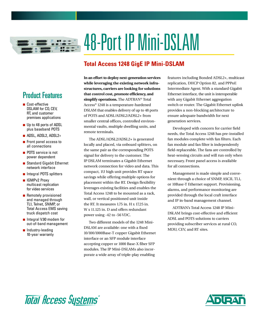 ADTRAN 48 warranty Port IP Mini-DSLAM 