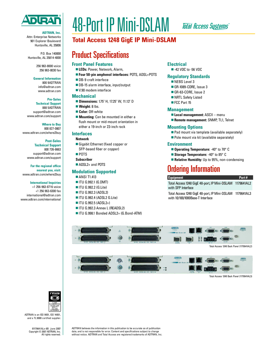 ADTRAN 48 warranty Product Specifications, Ordering Information 