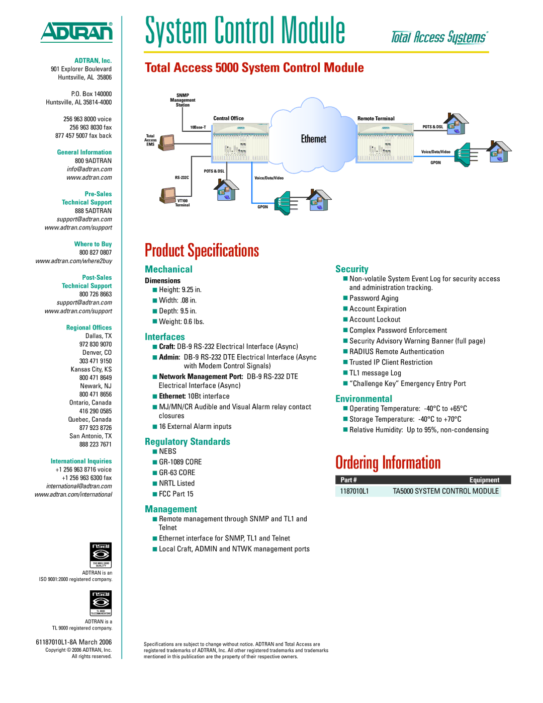 ADTRAN 5000 warranty Product Specifications, Ordering Information 