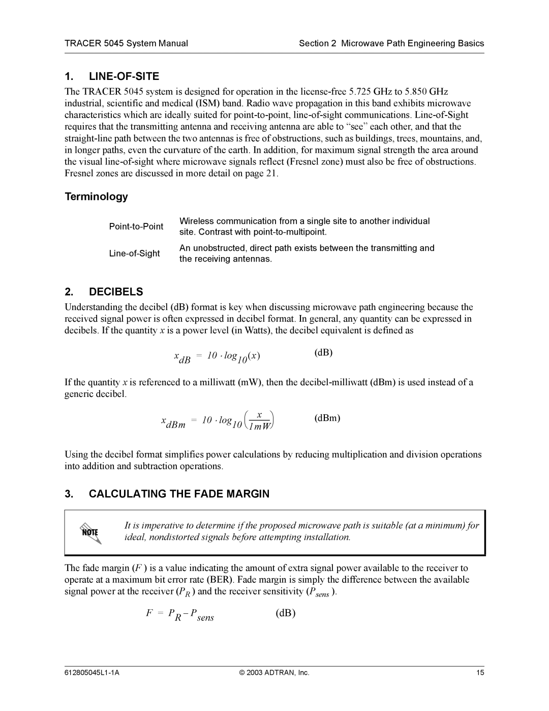 ADTRAN 5045 system manual Line-Of-Site, Terminology, Decibels, Calculating the Fade Margin 