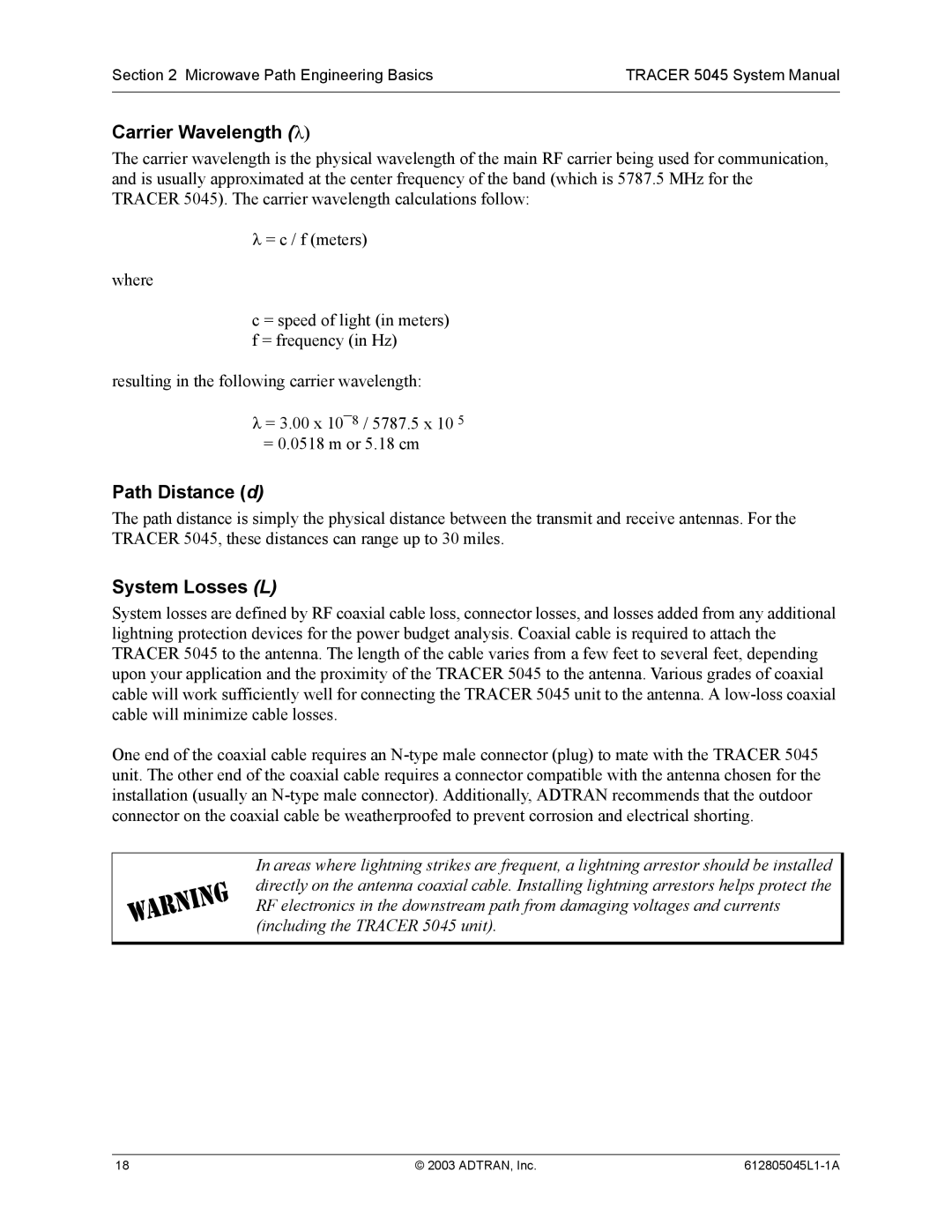 ADTRAN 5045 system manual Carrier Wavelength λ, Path Distance d, System Losses L 