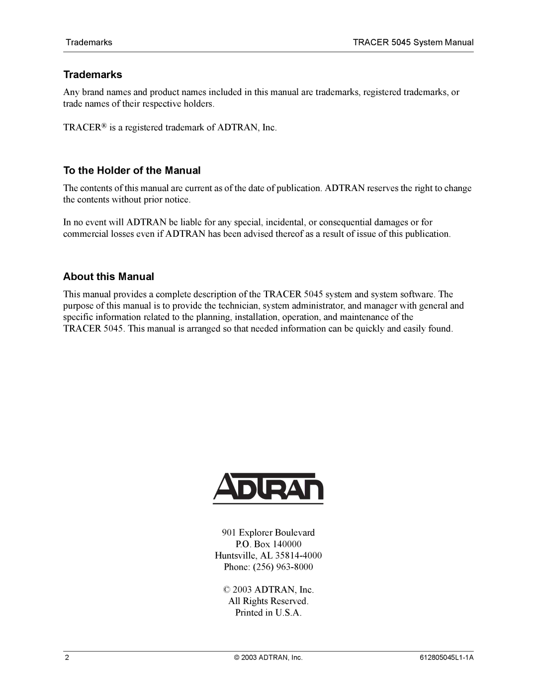 ADTRAN 5045 system manual Trademarks, To the Holder of the Manual, About this Manual 