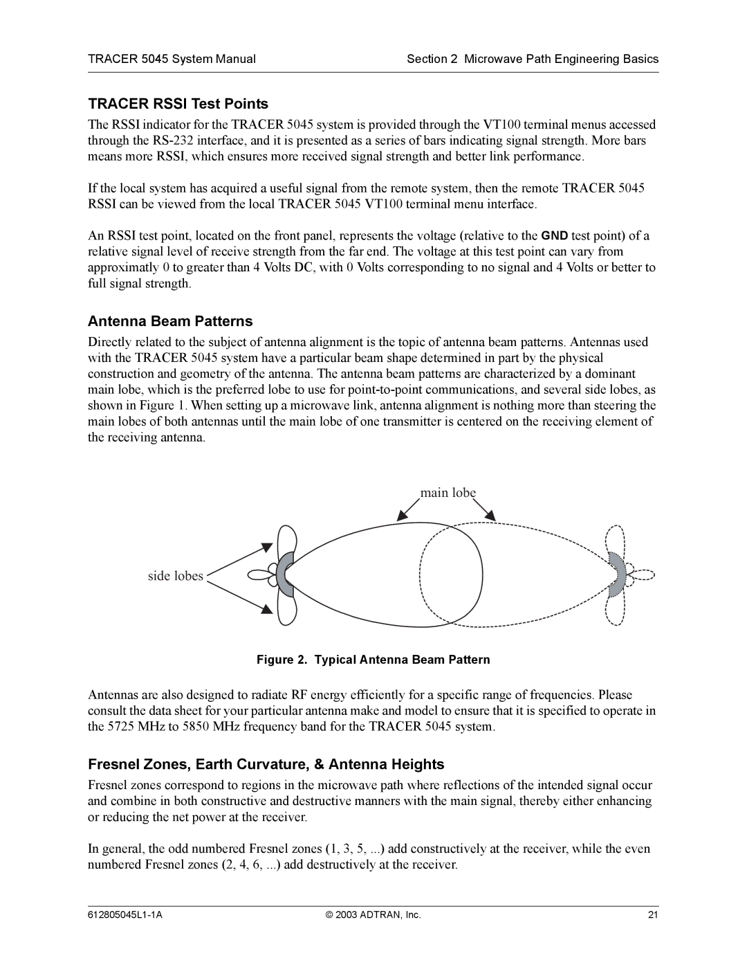 ADTRAN 5045 system manual Tracer Rssi Test Points, Antenna Beam Patterns, Fresnel Zones, Earth Curvature, & Antenna Heights 