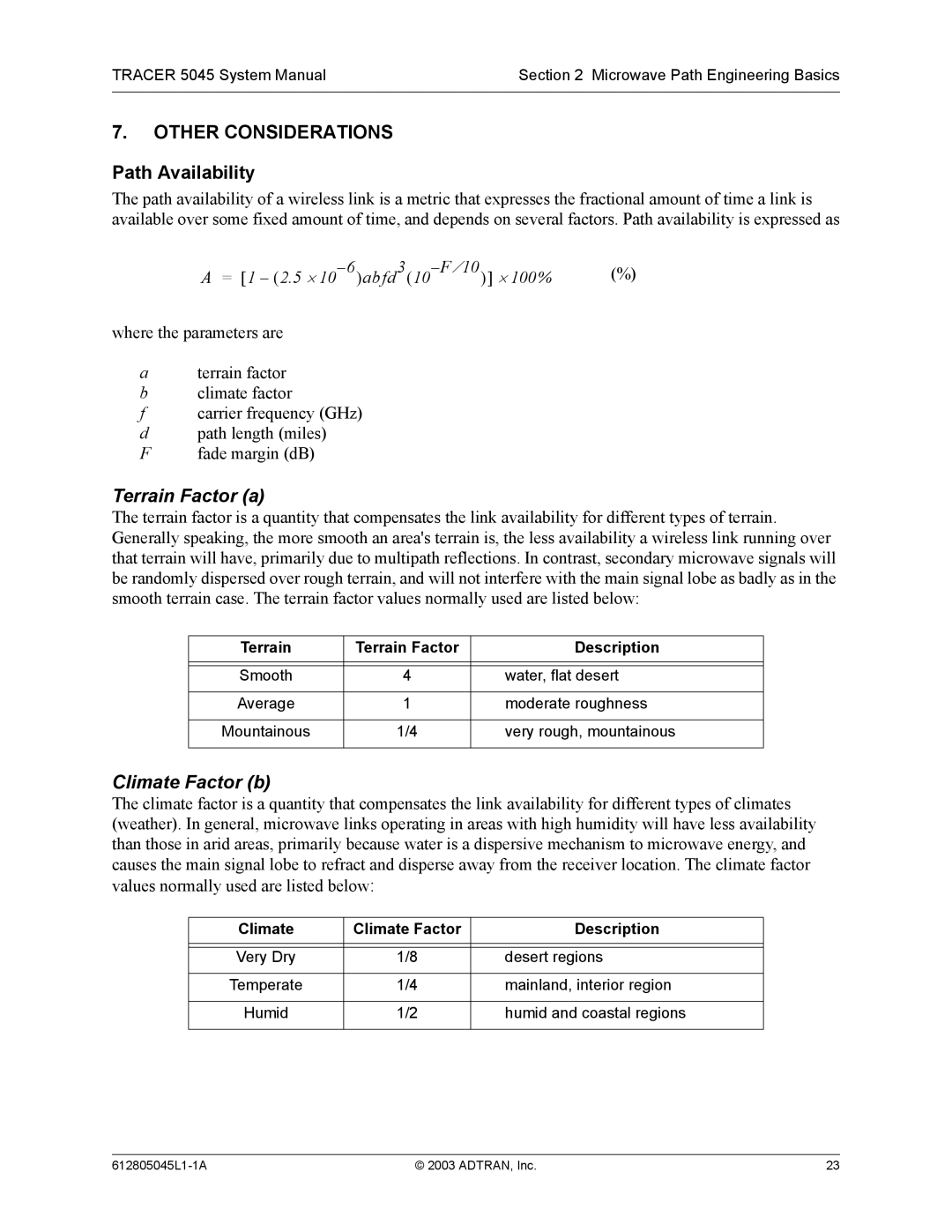 ADTRAN 5045 system manual Other Considerations, Path Availability, Terrain Terrain Factor Description 