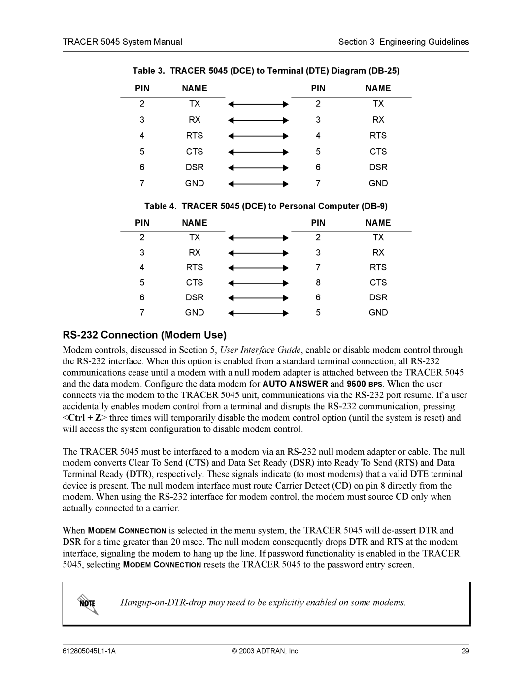 ADTRAN system manual RS-232 Connection Modem Use, Tracer 5045 DCE to Terminal DTE Diagram DB-25 