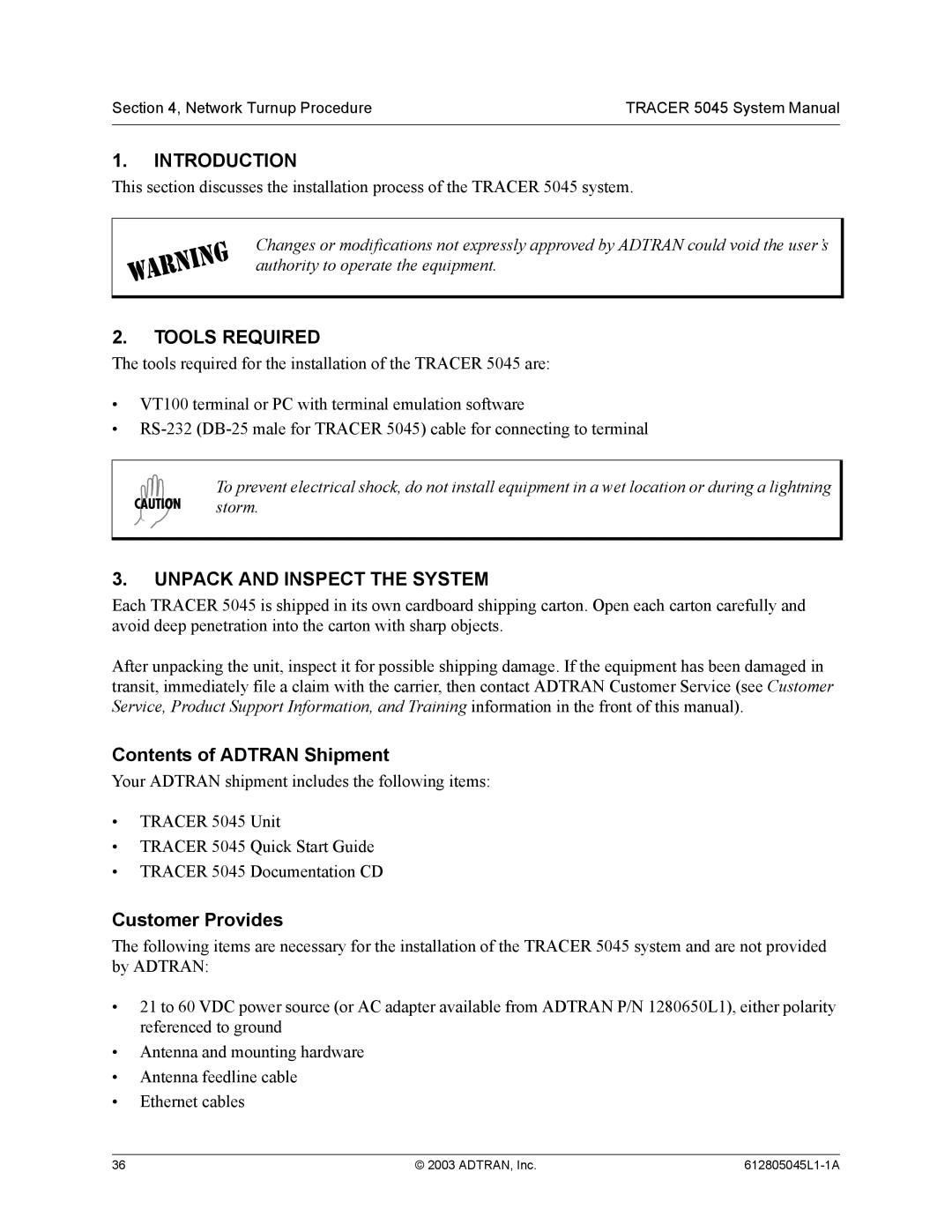 ADTRAN 5045 Introduction, Tools Required, Unpack and Inspect the System, Contents of Adtran Shipment, Customer Provides 