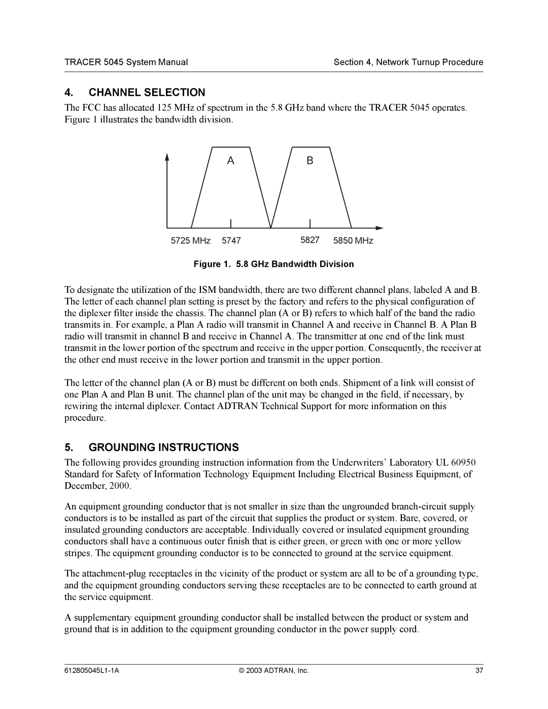 ADTRAN 5045 system manual Channel Selection, Grounding Instructions 