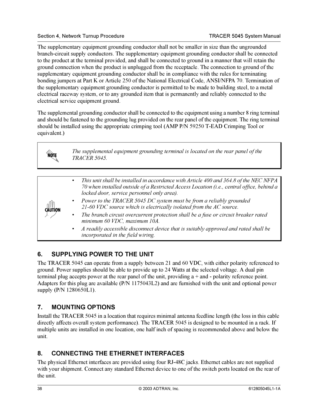 ADTRAN 5045 system manual Supplying Power to the Unit, Mounting Options, Connecting the Ethernet Interfaces 