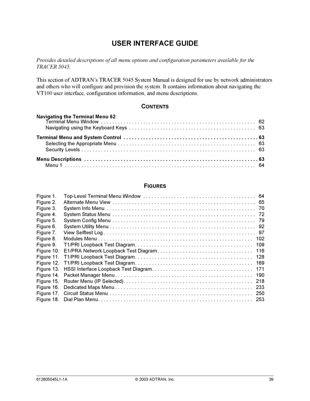 ADTRAN 5045 system manual Navigating the Terminal Menu, Terminal Menu and System Control, Menu Descriptions 