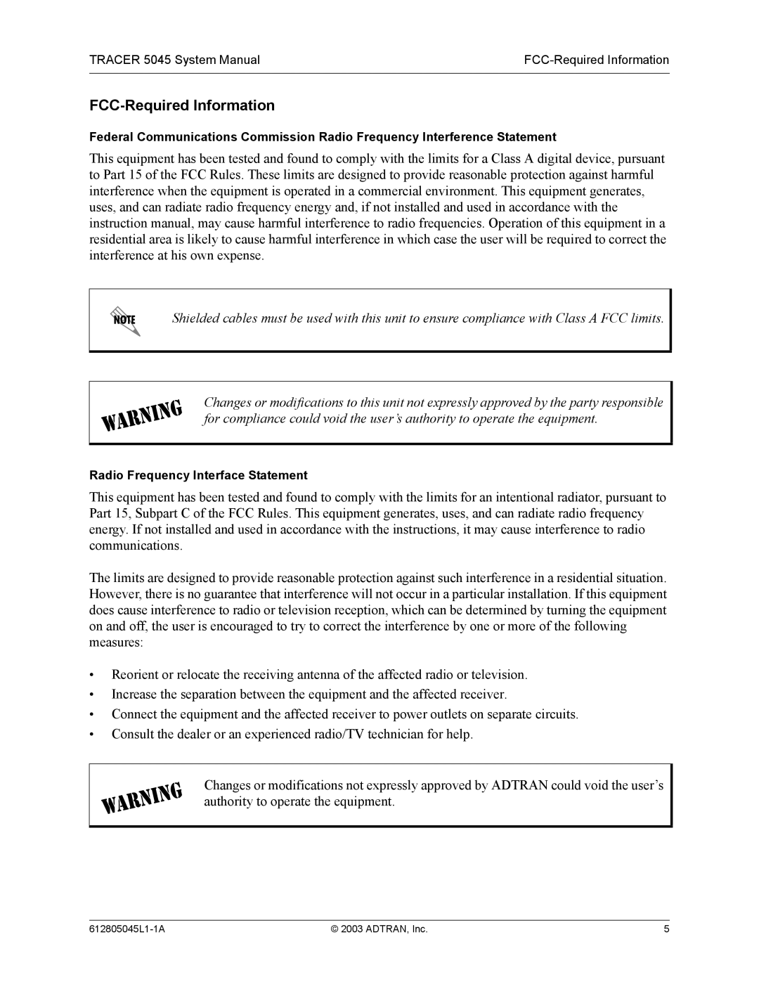 ADTRAN 5045 system manual FCC-Required Information, Radio Frequency Interface Statement 