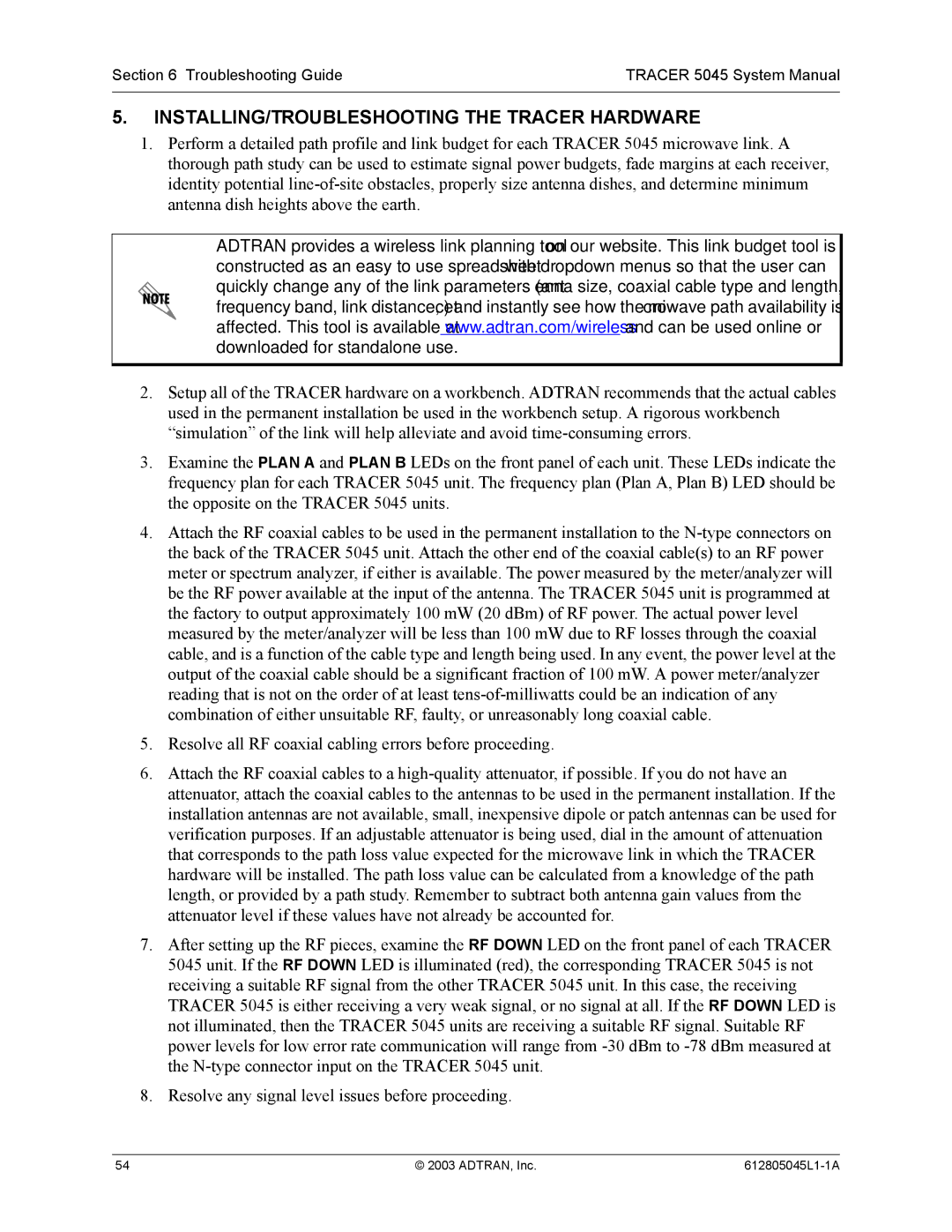 ADTRAN 5045 system manual INSTALLING/TROUBLESHOOTING the Tracer Hardware 