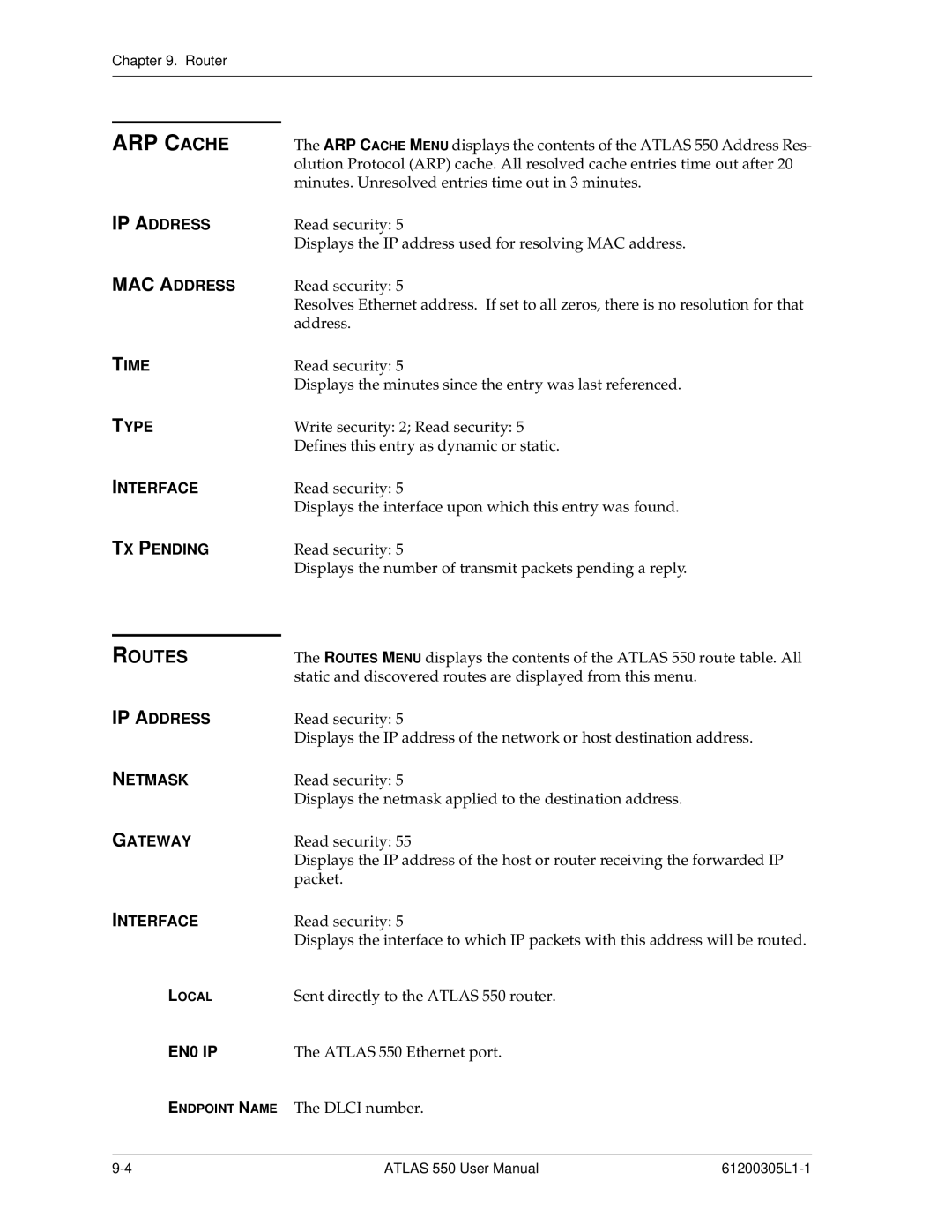 ADTRAN 550 user manual ARP Cache, Routes 