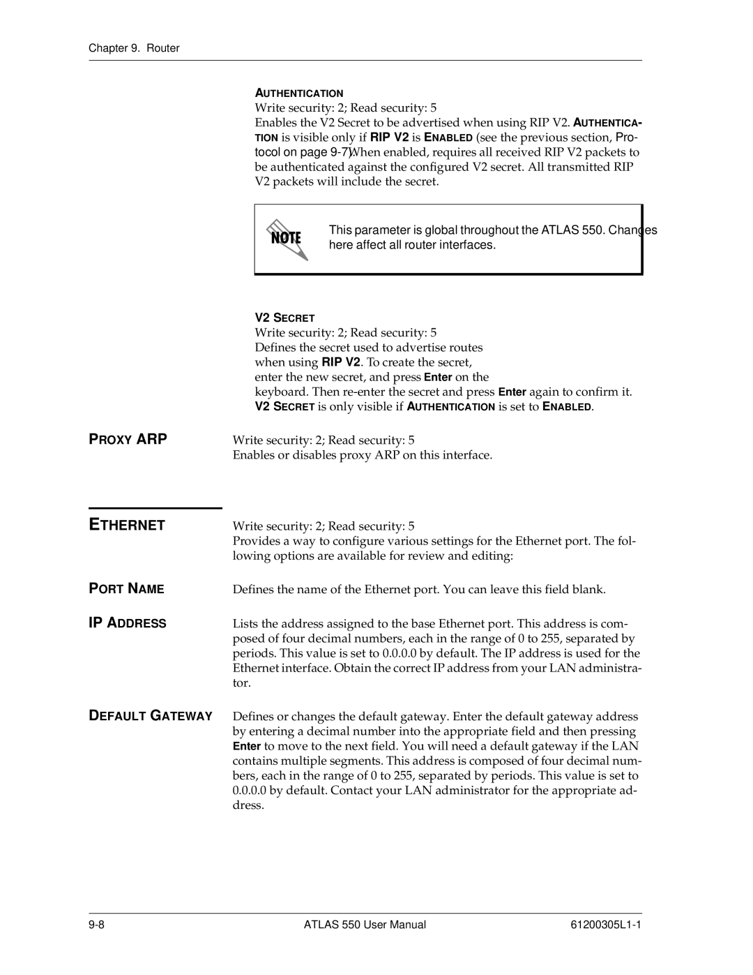 ADTRAN 550 user manual Ethernet, Proxy ARP, Port Name 