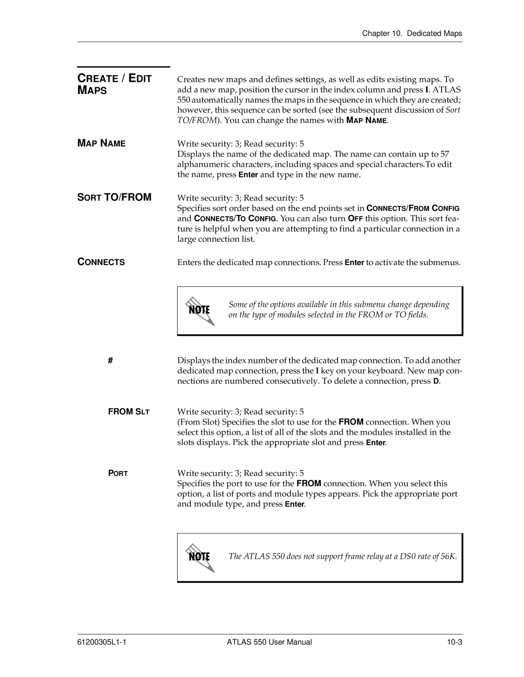 ADTRAN 550 user manual Create / Edit Maps, MAP Name, Connects, From S LT 