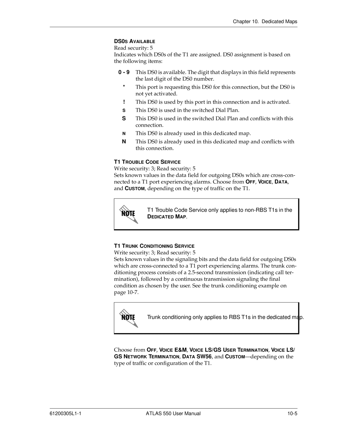 ADTRAN 550 user manual T1 Trouble Code Service only applies to non-RBS T1s 