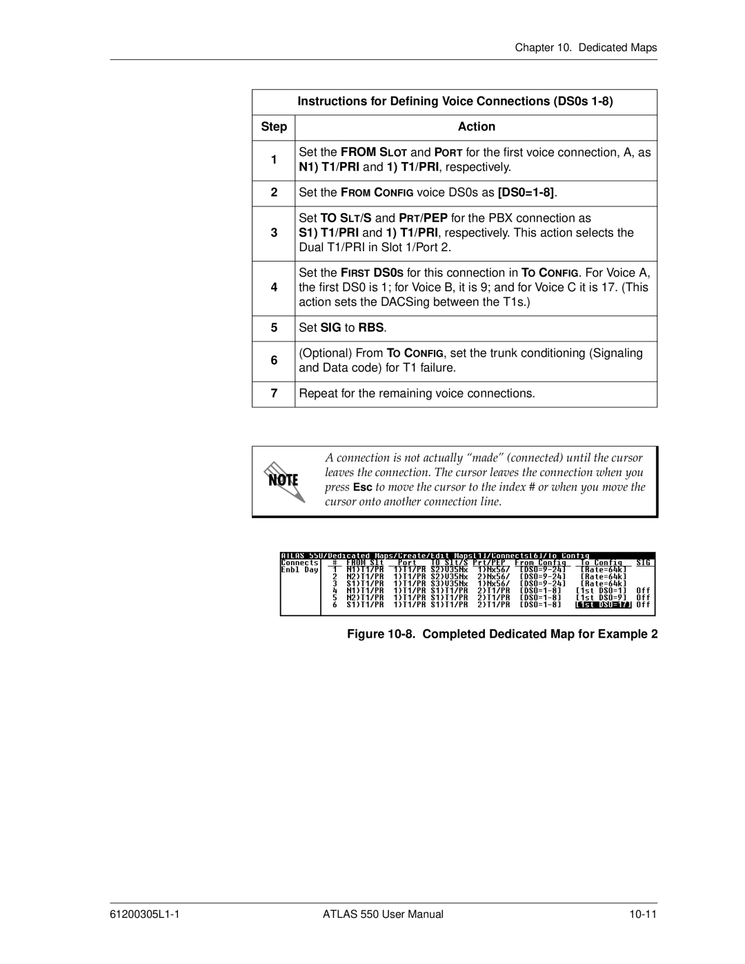 ADTRAN 550 user manual Instructions for Defining Voice Connections DS0s, Completed Dedicated Map for Example 