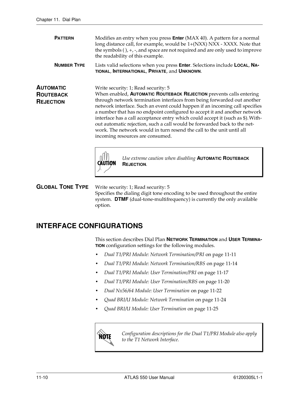 ADTRAN 550 user manual Interface Configurations, Automatic Routeback Rejection Global Tone Type 