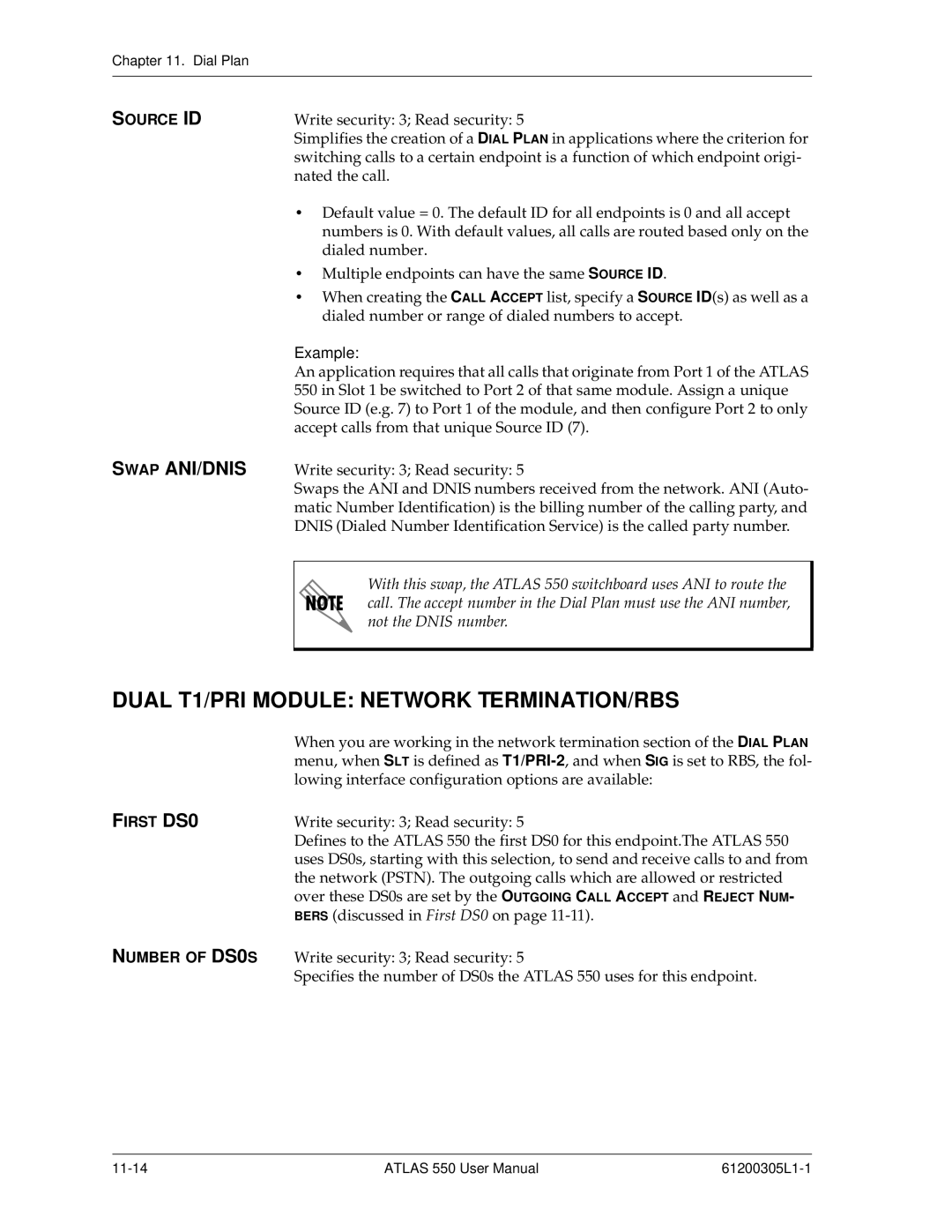 ADTRAN 550 user manual Dual T1/PRI Module Network TERMINATION/RBS, Source ID 