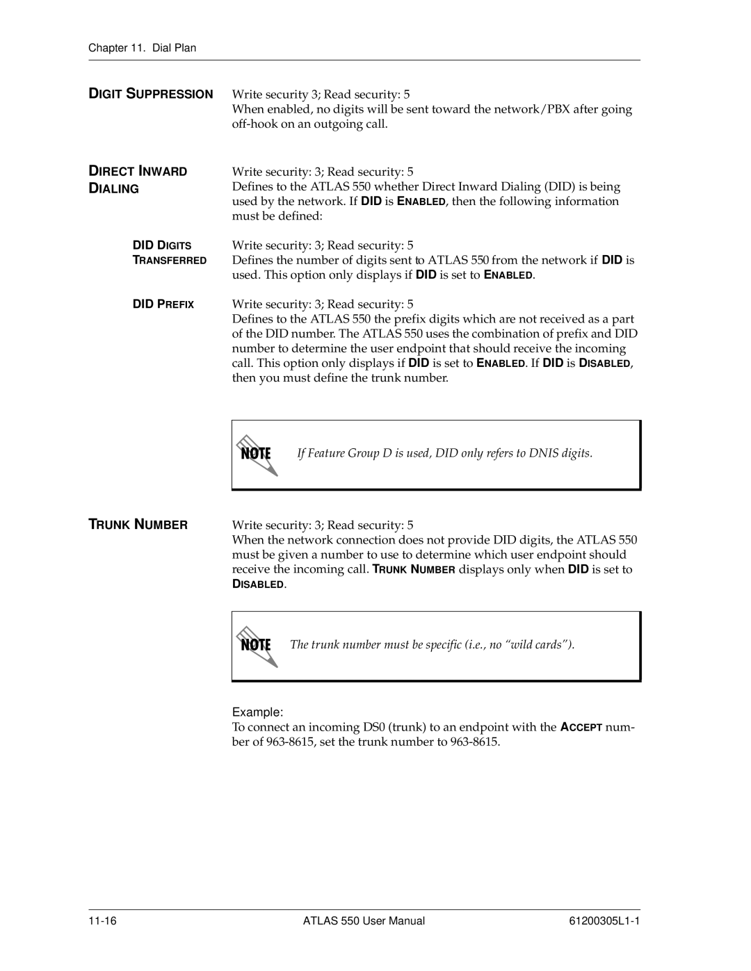 ADTRAN 550 user manual Digit Suppression Direct Inward Dialing, Trunk Number 