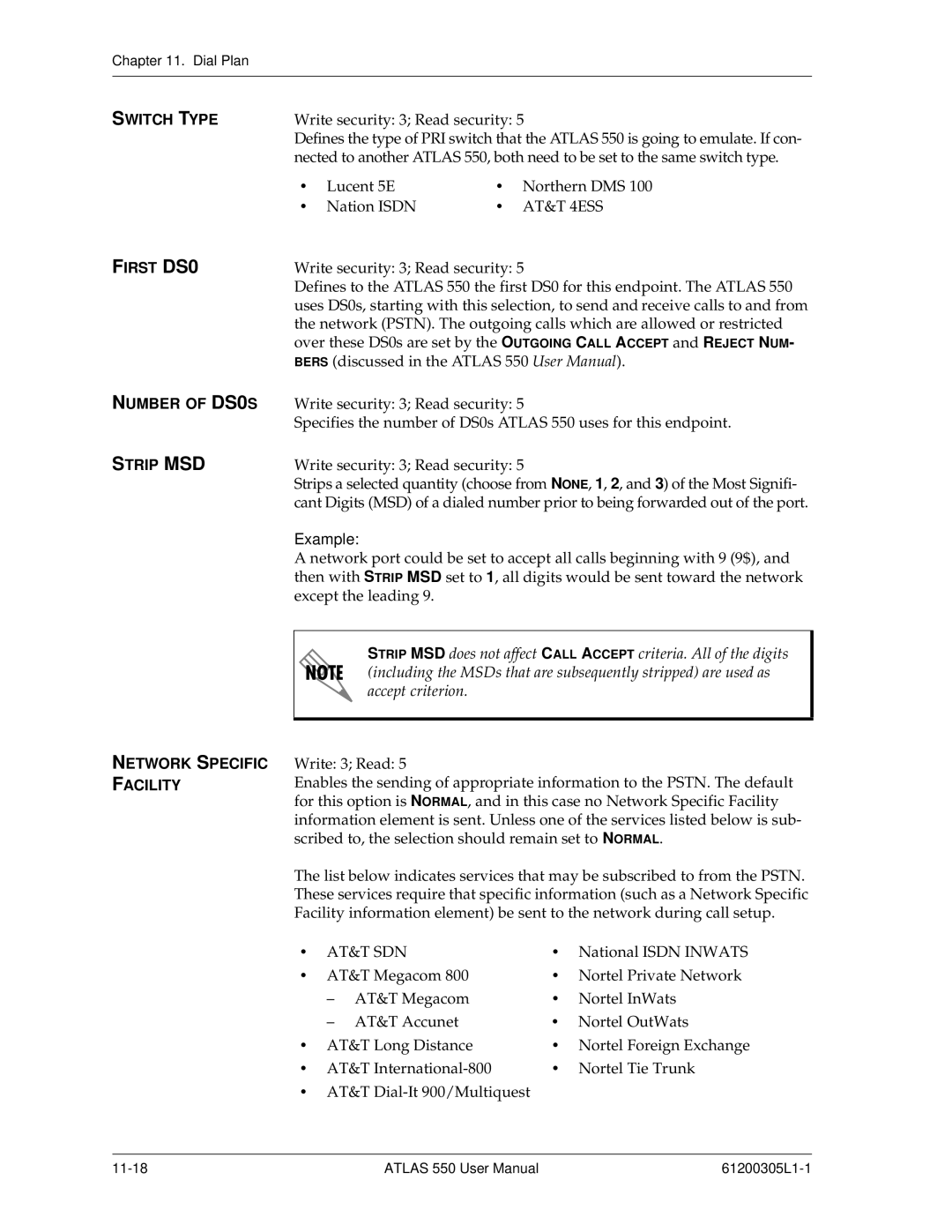 ADTRAN 550 user manual Network Specific, Facility 