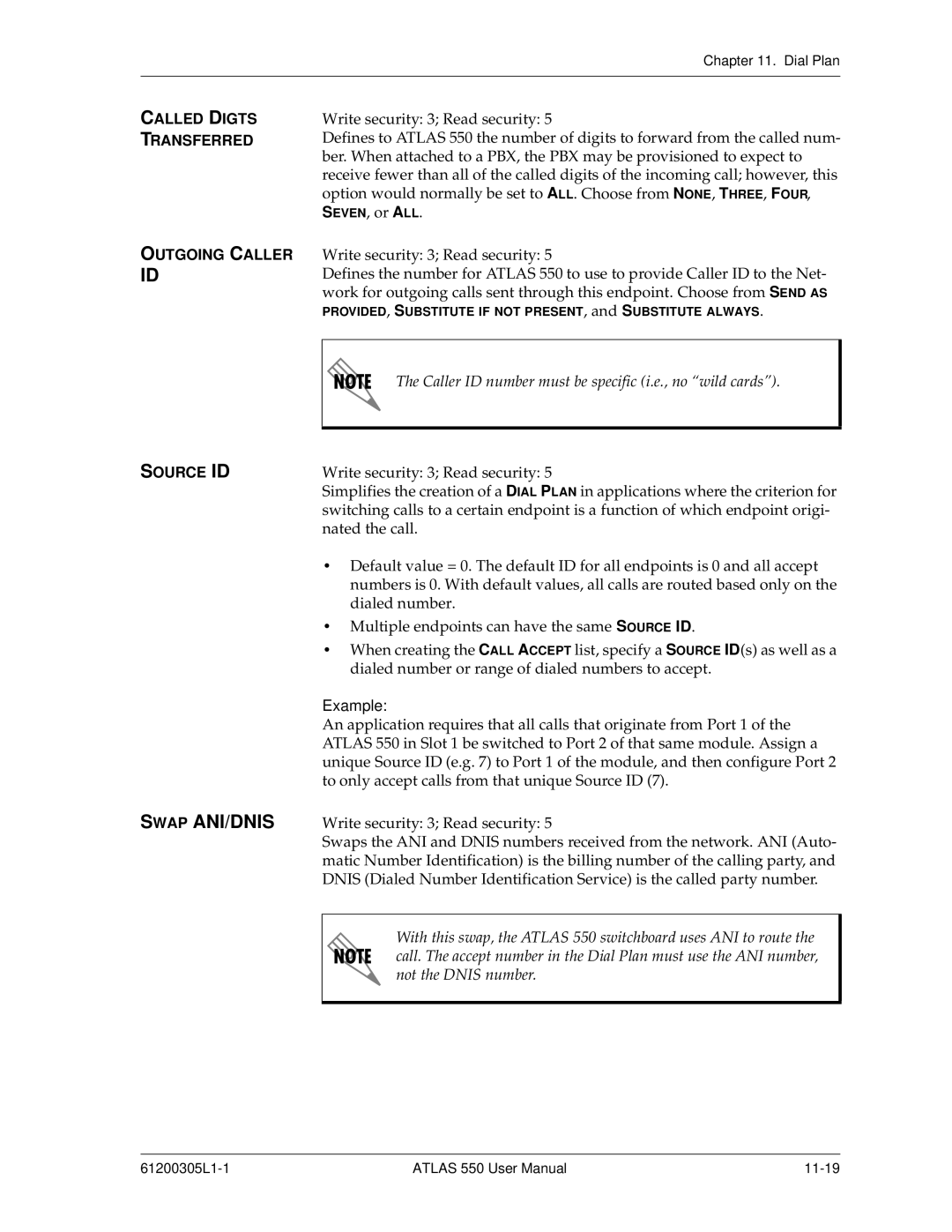 ADTRAN 550 user manual Called Digts Transferred Outgoing Caller Source ID 