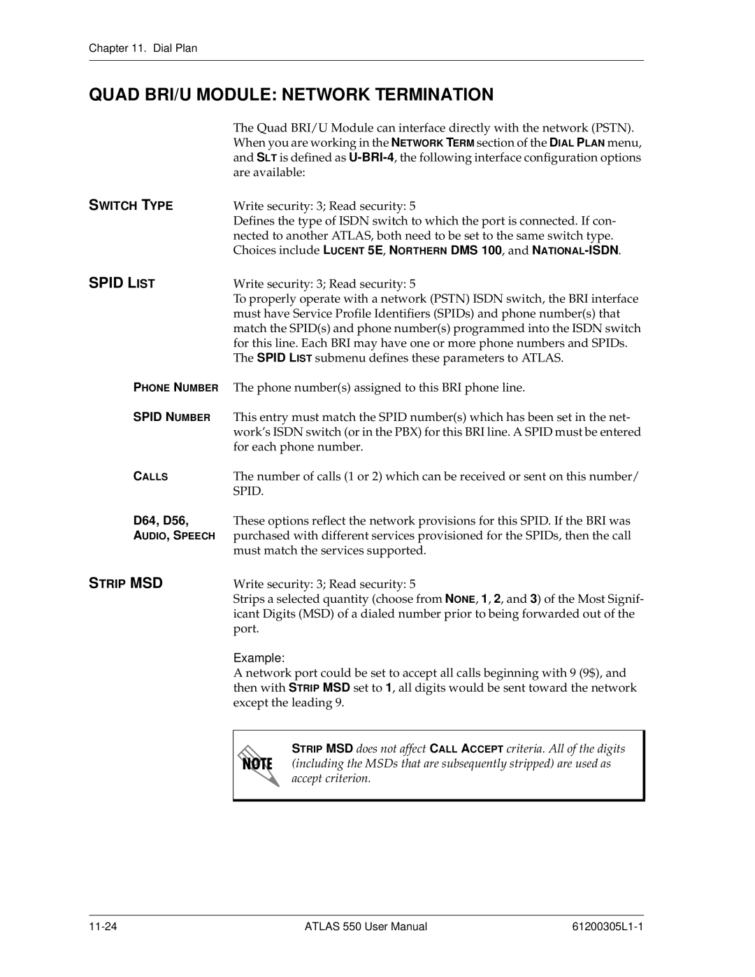 ADTRAN 550 user manual Quad BRI/U Module Network Termination, Spid Number, D64, D56 