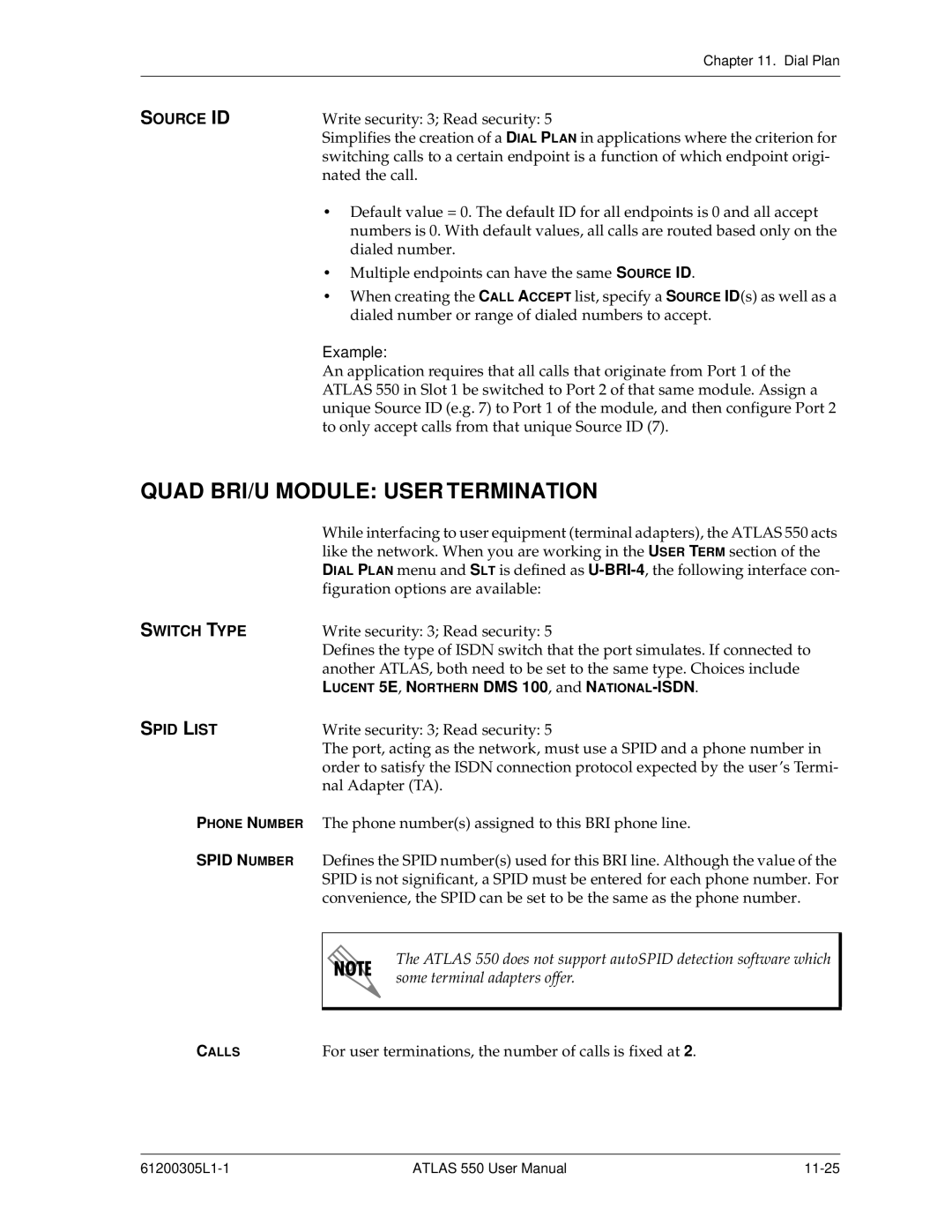 ADTRAN 550 user manual Quad BRI/U Module User Termination, Spid List 