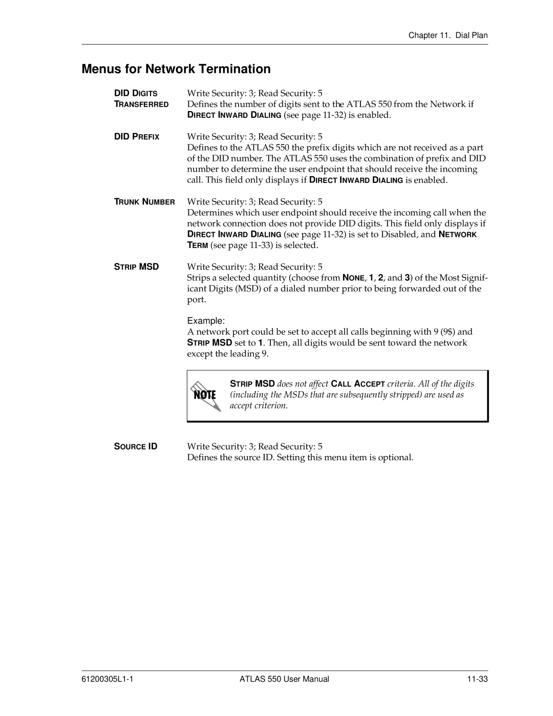 ADTRAN 550 user manual Menus for Network Termination, Did Digits, Did Prefix 