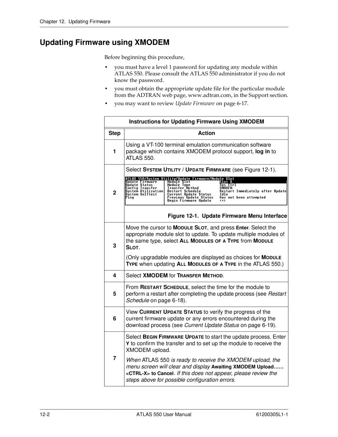 ADTRAN 550 user manual Updating Firmware using Xmodem, Instructions for Updating Firmware Using Xmodem 