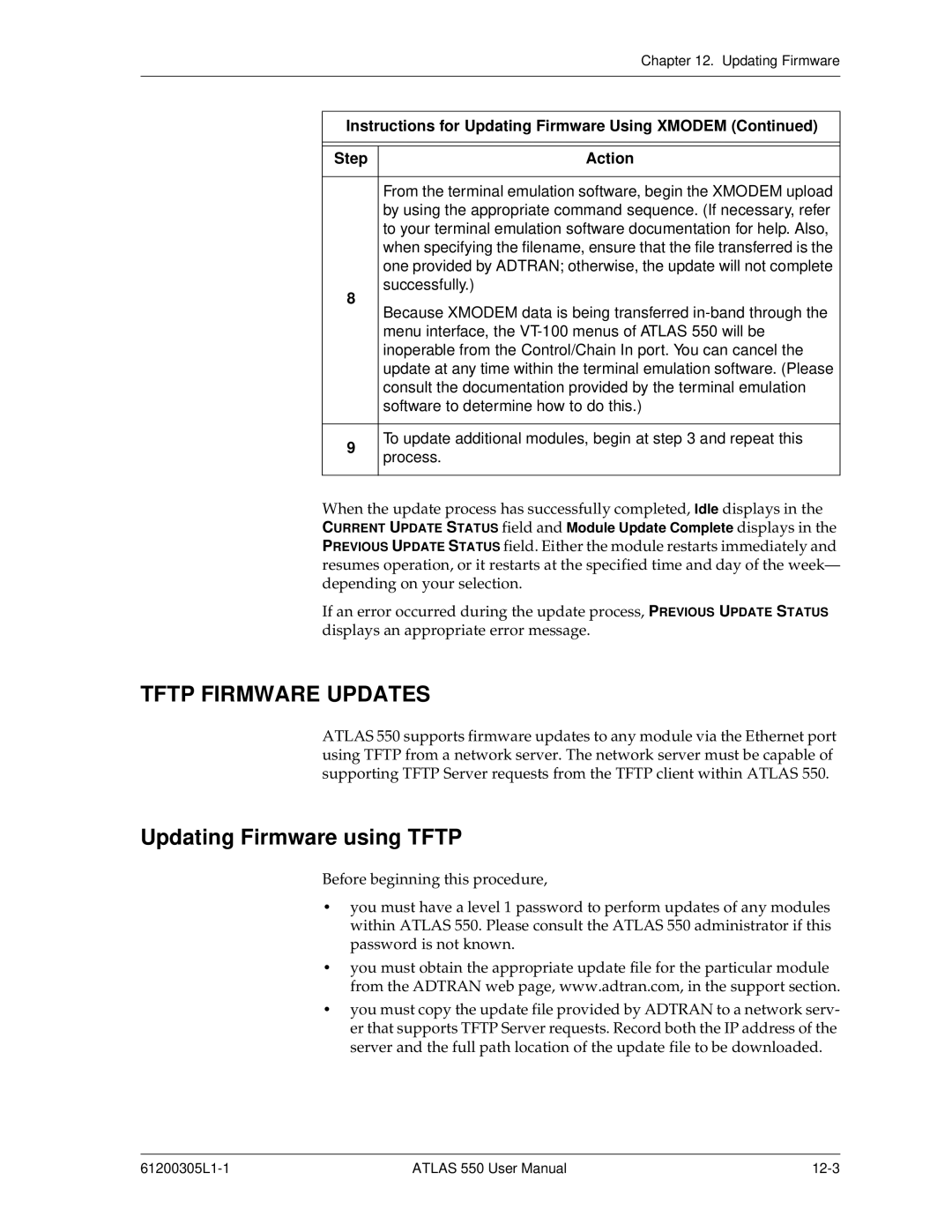 ADTRAN 550 user manual Tftp Firmware Updates, Updating Firmware using Tftp 