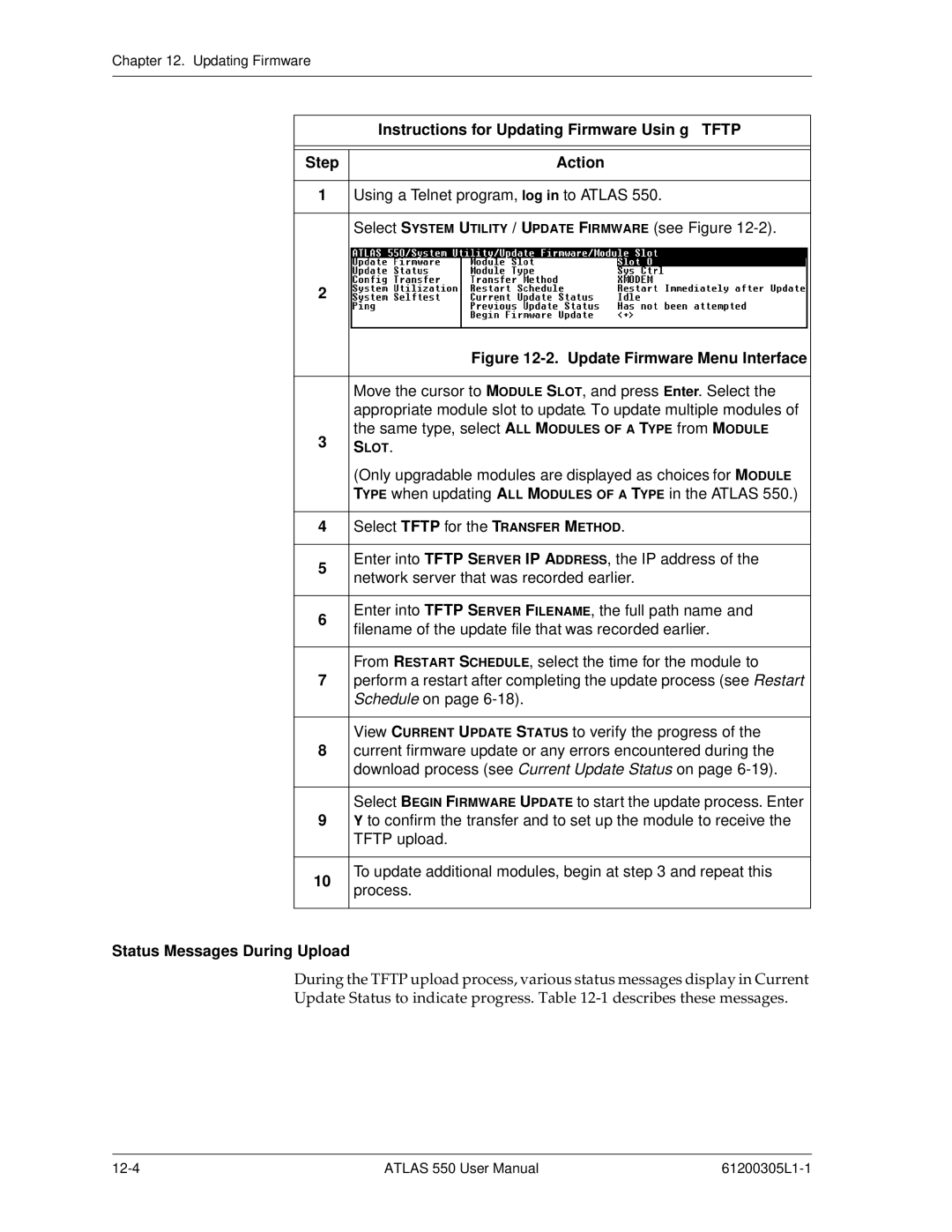 ADTRAN 550 Instructions for Updating Firmware Usin g Tftp, Step Action Using a Telnet program, log in to Atlas, Process 