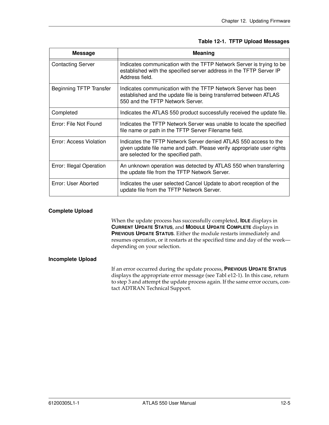 ADTRAN 550 user manual Tftp Upload Messages, Message Meaning, Complete Upload, Incomplete Upload 