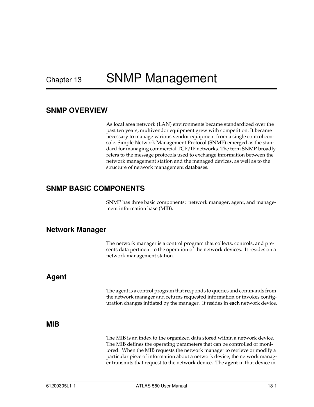 ADTRAN 550 user manual Snmp Management, Snmp Overview, Snmp Basic Components, Mib 